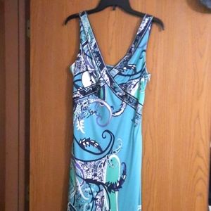 Summer dress in Green, navy, white. Size Medium knee length, side zipper.